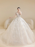Timeless Wedding Dresses for Bride with Lace Appliques Ball Gown Princess Scoop Tulle Women Dress Short Sleeves Bride Dress HZ0311