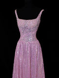 Affordable Sequin 1950s Formal A Line Square Neck Pink Pleated With Beaded Style Impress Long Prom Dresses Party Formal Gowns HZ0311