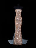 Affordable Sequin 1950s Formal Mermaid Strapless Champagne With Beads Style Impress Long Prom Dresses Party Formal Gowns HZ0311