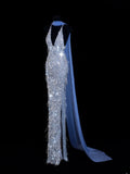 Affordable Sequin 1950s Formal Mermaid V Neck Halter Blue With Beads Style Impress Long Prom Dresses Party Formal Gowns HZ0311