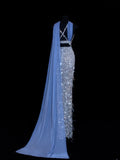 Affordable Sequin 1950s Formal Mermaid V Neck Halter Blue With Beads Style Impress Long Prom Dresses Party Formal Gowns HZ0311