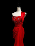 Classic Mermaid One Shoulder Red Chiffon Ruffles Long Prom Dresses High School Senior Graduation Dance Evening Outfits HZ0311