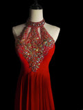 Modest A line Halter Red Chiffon With Beading Long Evening Dresses Inspo Senior Night Dance Prom Dress HZ0311