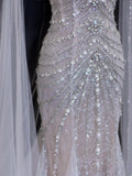Timeless Wedding Gowns Dresses Romantic Mermaid Spaghetti Strap for Bride Tulle With Silver Beadings White Petite/Plus Size Bridal Gown For Women HZ0311