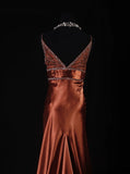 Vintage Mermaid Spaghetti Strap Burnt Orange Satin Party Dress With Beads 1950s Retro Classy Birthday Dinner Long Prom Dresses HZ0311