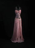 Vintage A Line Spaghetti Strap Pink Floor Length Chiffon Party Dress With Beads 1950s Retro Classy Birthday Dinner Prom Dresses HZ0311