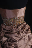 Chic Sheath Strapless Brown Taffeta With Gold Beads Short 16th Birthday Dress Homecoming Dresses Cocktail Gown HZ0311