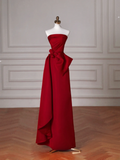 Simple A Line Strapless Red Satin Long Formal Prom Dresses Dance Night Outfits Evening Birthday Outfit HZ0311