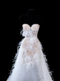 Timeless Women's A Line Strapless Sleeveless White Lace With Feathers Short Vintage Fitted 1920s Wedding Dresses HZ0311