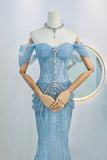 Modest Mermaid Off The Shoulder Blue Sequin Beaded Prom Dresses Long Party Dress Evening Outfits Graduation Dress HZ0311