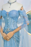 Modest Mermaid Off The Shoulder Blue Sequin Beaded Prom Dresses Long Party Dress Evening Outfits Graduation Dress HZ0311