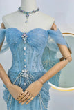 Modest Mermaid Off The Shoulder Blue Sequin Beaded Prom Dresses Long Party Dress Evening Outfits Graduation Dress HZ0311