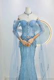 Modest Mermaid Off The Shoulder Blue Sequin Beaded Prom Dresses Long Party Dress Evening Outfits Graduation Dress HZ0311
