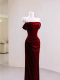 Modest Mermaid Off The Shoulder Burgundy Velvet Prom Dresses Long Party Dress Evening Outfits Graduation Dress HZ0311