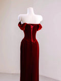 Modest Mermaid Off The Shoulder Burgundy Velvet Prom Dresses Long Party Dress Evening Outfits Graduation Dress HZ0311