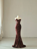 Sparkly Mermaid Sweetheart Burgundy Sequins Sleeveless Prom Dresses Long Prom Gowns HZ0311