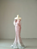 Sparkly Mermaid Sweetheart Ombre Pink Silver Sequins Sleeveless Prom Dresses Long Prom Gowns HZ0311
