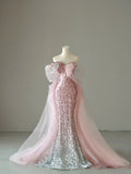 Sparkly Mermaid Sweetheart Ombre Pink Silver Sequins Sleeveless Prom Dresses Long Prom Gowns HZ0311