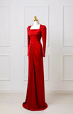 Classy Mermaid Square Neck Red Prom Dresses Long Sleeve Party Dress Evening Outfits Graduation Dress HZ0311