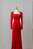 Classy Mermaid Square Neck Red Prom Dresses Long Sleeve Party Dress Evening Outfits Graduation Dress HZ0311