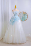 Unique Ball Gown Strapless Blue Lace Prom Dresses Long Party Dress 20th Birthday Outfits Formal Gown HZ0311