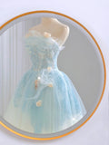 Unique Ball Gown Strapless Blue Lace Prom Dresses Long Party Dress 20th Birthday Outfits Formal Gown HZ0311