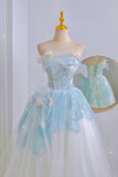 Unique Ball Gown Strapless Blue Lace Prom Dresses Long Party Dress 20th Birthday Outfits Formal Gown HZ0311
