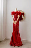 Sexy Mermaid Halter Red Sequin Prom Dresses Long Party Dress 21st Birthday Outfits Formal Dress HZ0311