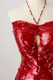 Sexy Mermaid Halter Red Sequin Prom Dresses Long Party Dress 21st Birthday Outfits Formal Dress HZ0311
