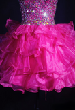 Chic Ball Gown Sweetheart Hot Pink Tulle Beads Short 18th Birthday Dress Homecoming Dresses Cocktail Gown HZ0311
