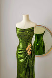 Unique Mermaid Strapless Green Sequin Prom Dresses Long Party Dress 20th Birthday Outfits Formal Gown HZ0311