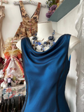 Vintage Prom Dresses 90s Ball Mermaid Cowl Neck Navy Blue Silk Satin Long Party Dress Evening Dresses HZ0311