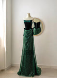 Unique Mermaid Strapless Dark Green Sequin Prom Dresses Long Party Dress 20th Birthday Outfits Formal Gown HZ0311