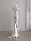 Unique Mermaid Strapless Silver Sequin Prom Dresses Long Party Dress 22th Birthday Outfits Formal Gown HZ0311