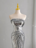 Unique Mermaid Strapless Silver Sequin Prom Dresses Long Party Dress 22th Birthday Outfits Formal Gown HZ0311