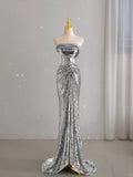 Unique Mermaid Strapless Silver Sequin Prom Dresses Long Party Dress 22th Birthday Outfits Formal Gown HZ0311