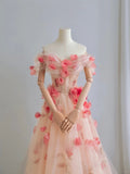 Cute A line Off The Shoulder Pink With Short Sleeves Lace Floral Long Prom Dresses Formal Party Dress Prom Gown HZ0311