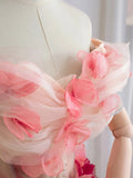Cute A line Off The Shoulder Pink With Short Sleeves Lace Floral Long Prom Dresses Formal Party Dress Prom Gown HZ0311