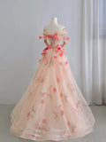 Cute A line Off The Shoulder Pink With Short Sleeves Lace Floral Long Prom Dresses Formal Party Dress Prom Gown HZ0311