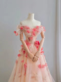 Cute A line Off The Shoulder Pink With Short Sleeves Lace Floral Long Prom Dresses Formal Party Dress Prom Gown HZ0311