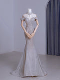 Cute Mermaid Off The Shoulder Silver With Short Sleeves Beads Long Prom Dresses Formal Party Dress Prom Gown HZ0311