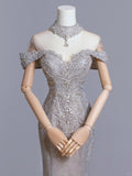 Cute Mermaid Off The Shoulder Silver With Short Sleeves Beads Long Prom Dresses Formal Party Dress Prom Gown HZ0311