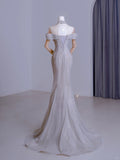 Cute Mermaid Off The Shoulder Silver With Short Sleeves Beads Long Prom Dresses Formal Party Dress Prom Gown HZ0311