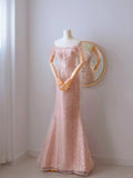 Cute Mermaid Off The Shoulder Blush Pink With Short Sleeves Beads Long Prom Dresses Formal Party Dress Prom Gown HZ0311