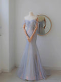 Sexy Mermaid Off The Shoulder Lilac With Short Sleeves Beads Long Prom Dresses Formal Party Dress Prom Gown HZ0311