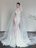 Sexy Mermaid Scoop Neck Tulle With Beads Gem Long Summer Bride Dress Long Bride Dress Classy White Wedding Dresses HZ0311