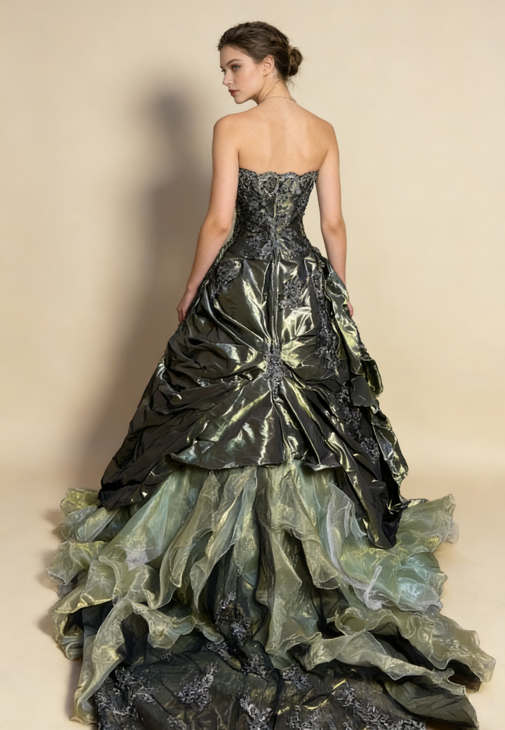 Green Strapless A-Line Satin Lace Long Evening Dress Birthday Ball Gown, HZ0427