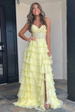 A line Sweetheart Pale Yellow Chiffon Flowy Ruffle Long Formal Gowns Prom Dresses Evening Dress HZ0311