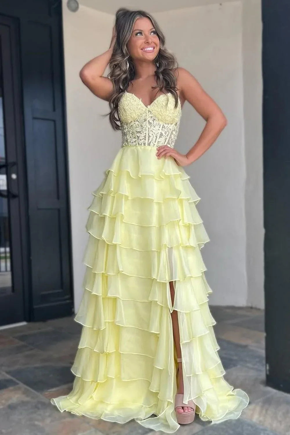 A line Sweetheart Pale Yellow Chiffon Flowy Ruffle Long Formal Gowns Prom Dresses Evening Dress HZ0311