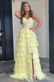 A line Sweetheart Pale Yellow Chiffon Flowy Ruffle Long Formal Gowns Prom Dresses Evening Dress HZ0311